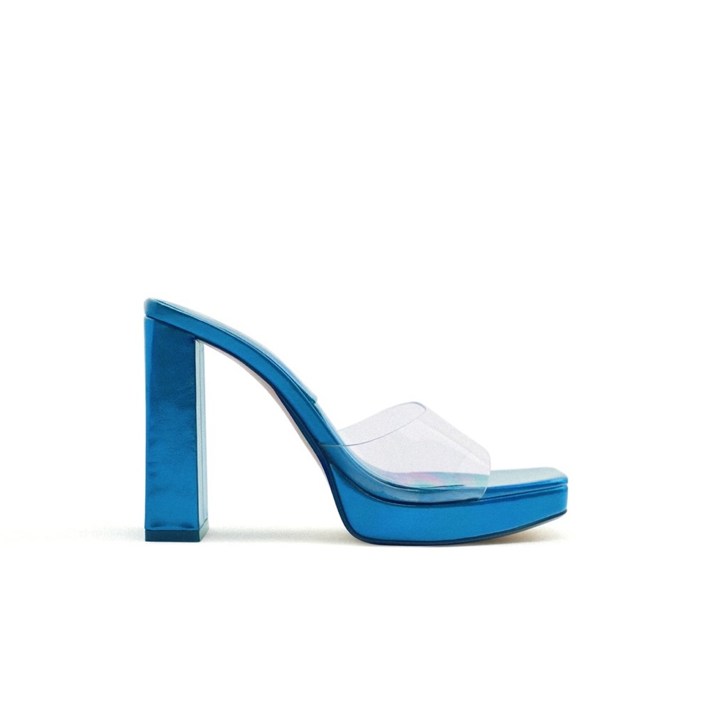 Zara High Heeled Vinyl Sandals Metallic Blue